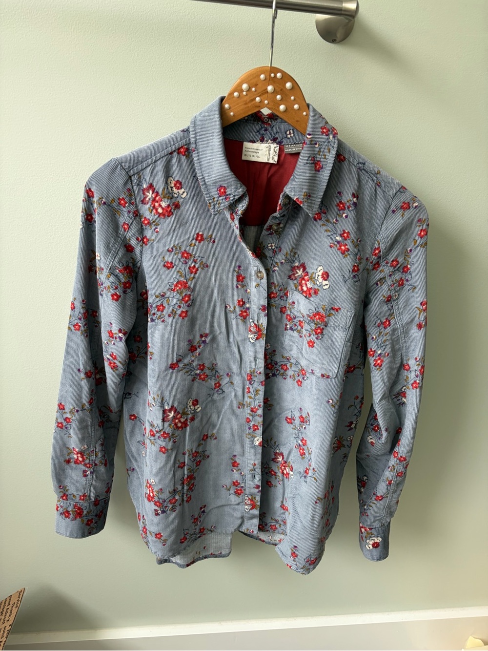 Anthropologie Light Blue Floral Shirt with Red Accents